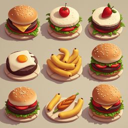 Nine cartoon hamburgers with unique toppings are arranged in a 3x3 grid on white plates against a beige backdrop.
