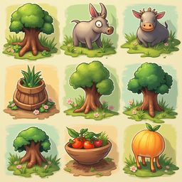 Nine cartoon illustrations showcase various plants and animals in a whimsical, pixelated style.