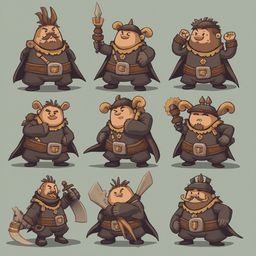 Nine cartoon knights in brown and yellow outfits, each with unique accessories, stand in dynamic poses against a light blue backdrop.