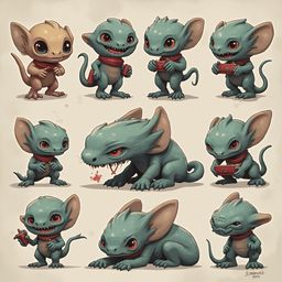 Nine cartoon mice in various poses, displaying unique features and red scarves, are depicted against a light beige background.