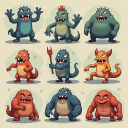 Nine cartoon monsters in various colors and poses, displaying diverse expressions and actions.