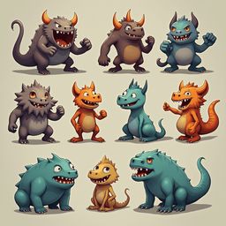 Nine cartoon monsters in various colors and poses, displaying diverse expressions and actions.