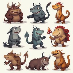 Nine cartoon monsters in various colors and poses, displaying diverse expressions and features.