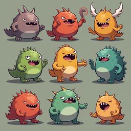 Nine cartoon monsters in various colors and poses, displaying diverse expressions and actions.