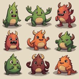 Nine cartoon monsters in various colors and poses, displaying diverse expressions and postures.