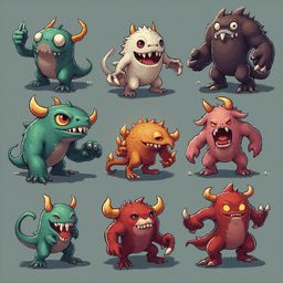 Nine cartoon monsters in various colors and poses, displaying diverse expressions and actions.