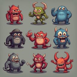 Nine cartoon monsters in various colors and poses, displaying diverse expressions and actions.