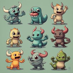 Nine cartoon monsters in various colors and poses, displayed against a light green backdrop.