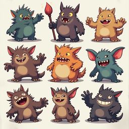 Nine cartoon monsters in various colors and poses, displaying diverse expressions and actions.