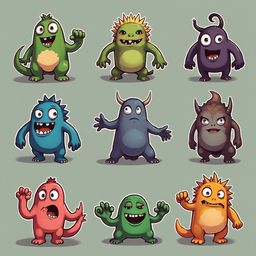 Nine cartoon monsters in various colors and poses, displayed against a light green backdrop.