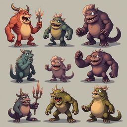 Nine cartoon monsters in various colors and poses, depicted against a light gray background.