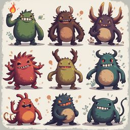 Nine cartoon monsters in various colors and poses, displaying diverse expressions and features, are arranged in a 3x3 grid.