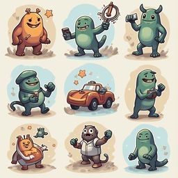 Nine cartoon monsters in various poses and colors, holding objects and interacting with each other.