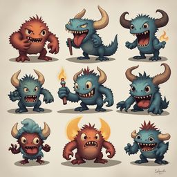 Nine cartoon monsters in various shades of blue, orange, and red, each with unique features and poses, are arranged in a 3x3 grid against a light beige background.
