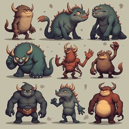Nine cartoon monsters in various shades of green, brown, and gray stand and interact against a light beige backdrop.