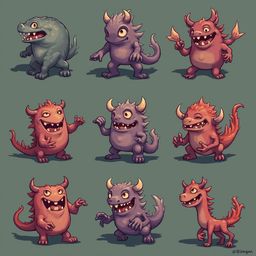 Nine cartoon monsters in various shades of red, orange, purple, and gray stand and sit against different colored backgrounds.