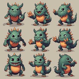 Nine cartoon monsters with green bodies, orange chests, and spiky scales are depicted in various poses against a light beige background.