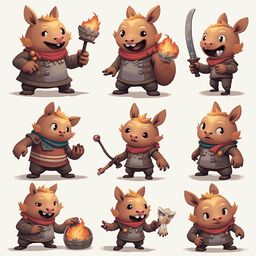 Nine cartoon rabbits, dressed in brown and red, engage in various activities, including holding a torch, sword, bow and arrow, and fire.