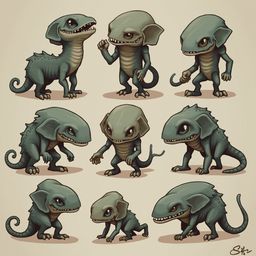 Nine cartoon-style creatures with green bodies, pointed ears, and long tails are depicted in various poses against a light beige background.