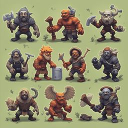 Nine cartoon-style goblins, each unique in appearance and attire, stand against a light green backdrop, holding various objects.