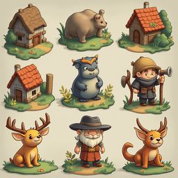 Nine cartoon-style houses and animals, including a thatched-roof cottage, bear, house, gnome, deer, elk, bear, and fox, are arranged in a grid.