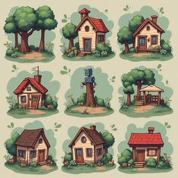 Nine cartoon-style houses with red roofs, trees, and flowers are arranged in a 3x3 grid.