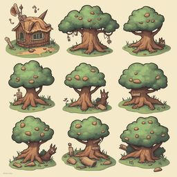 Nine cartoon trees, each unique in appearance and setting, populate a grid against a light beige background.