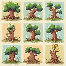 Nine cartoon trees in various stages of growth, displaying diverse shapes, sizes, and foliage colors.