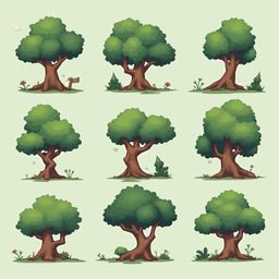 Nine cartoon trees with unique features and brown trunks are arranged in a 3x3 grid against a light green backdrop.