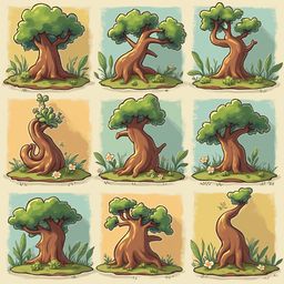 Nine cartoon trees with unique shapes and foliage colors are arranged in a 3x3 grid against a light blue backdrop.