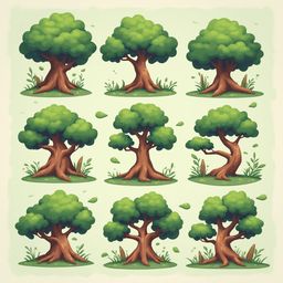 Nine cartoon trees with varying foliage and ground cover, arranged in a three-by-three grid.