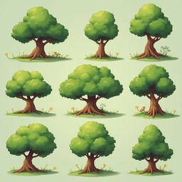 Nine cartoon trees with varying foliage and ground cover, arranged in a three-by-three grid against a light green backdrop.