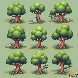 Nine cartoon trees with varying foliage and rock features are arranged in a 3x3 grid against a light green backdrop.