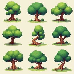 Nine cartoon trees with varying foliage and trunk colors are arranged in a 3x3 grid against a light beige backdrop.