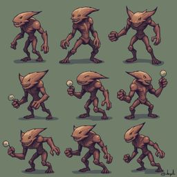 Nine cartoonish creatures with pointed ears, orange bodies, and sharp teeth hold various objects in a grid-like pattern against a muted green backdrop.