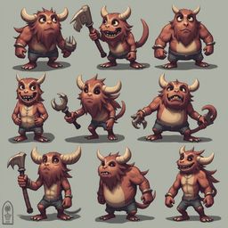 Nine cartoonish red creatures with horns and beards, each with unique poses and weapons, appear on a light gray background.