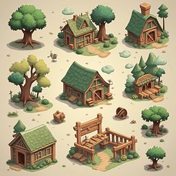 Nine charming, wooden houses with green roofs and lush surroundings are arranged in a grid-like pattern.