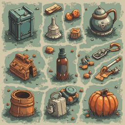 Nine collectible items, including a blue chest, white funnel, red bottle, orange pumpkin, brown chest, silver keychain, orange lock, and orange tool, are arranged on a green background.