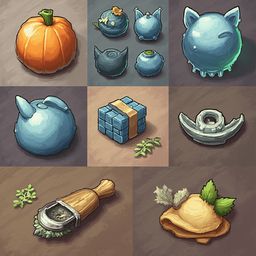 Nine collectible items, including a pumpkin, teapot, cube, candlestick, wooden tool, plate, bowl, and plate with leaves, are arranged in a 3x3 grid.