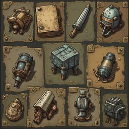 Nine collectible items, including a wooden box, sword, cannon, box, chair, rocket ship, clock, and treasure chest, are arranged in a 3x3 grid.