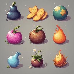 Nine colorful and unique objects, including a pear, cookies, globe, apple, fire, vase, flower, and campfire, arranged in a 3x3 grid.