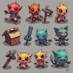 Nine colorful cartoon creatures, each with unique features and weapons, stand against a light gray backdrop.