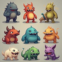 Nine colorful cartoon monsters with unique features are arranged in a 3x3 grid against a light beige backdrop.