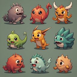 Nine colorful cartoon monsters with unique features are arranged in a 3x3 grid against a solid green background.