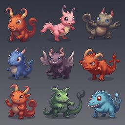 Nine colorful, cartoon-style dragons are arranged in a 3x3 grid, each with unique features and poses.