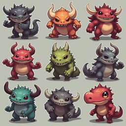 Nine colorful, cartoonish creatures with horns and varying sizes are arranged in a 3x3 grid on a light gray background.