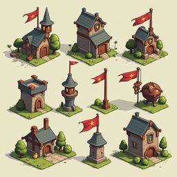 Nine colorful, castle-like buildings with red flags and intricate details are arranged in a 3x3 grid on a beige background.