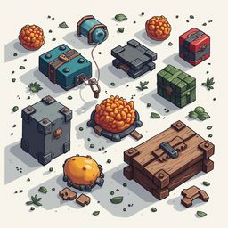 Nine colorful chest-like objects, varying in size and material, are scattered across a grassy ground with small plants and rocks.