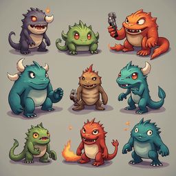 Nine colorful creatures with unique features and weapons populate a grid-like arrangement.