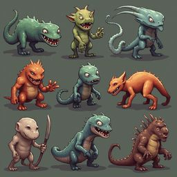 Nine colorful creatures with varying sizes, colors, and features stand on a vibrant green background.